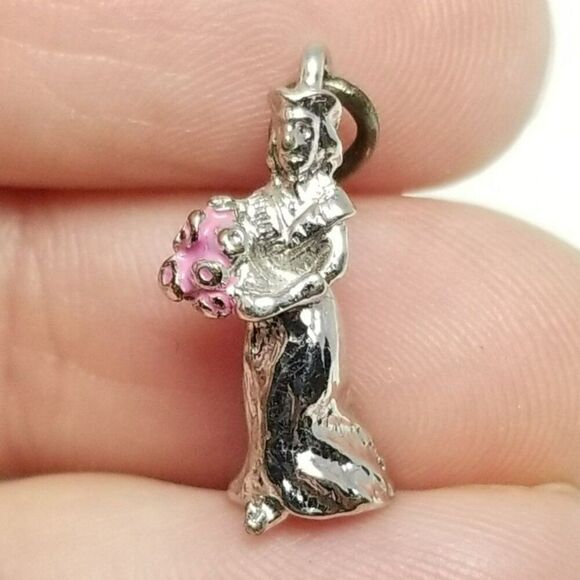 Vintage Bride with Bouquet Charm Pendant, Silver Tone Pink Enamel, Wedding - Picture 1 of 7